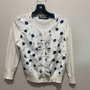 Karl Lagerfeld Paris Polka Dot Ruffle Front Cardigan White Navy